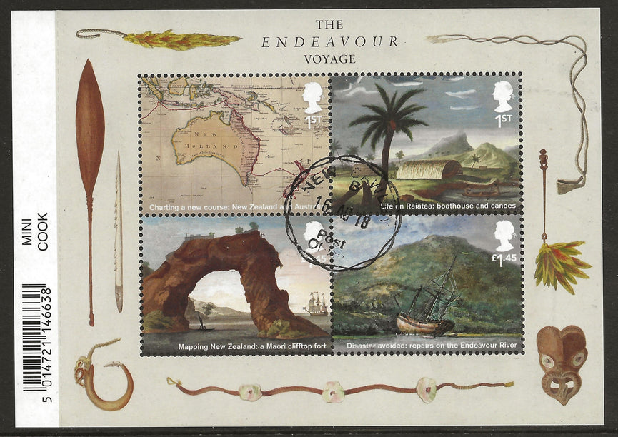 GB 2018 MS4124 Captain Cook - Endeavour Voyage Barcoded Miniature Sheet VFU