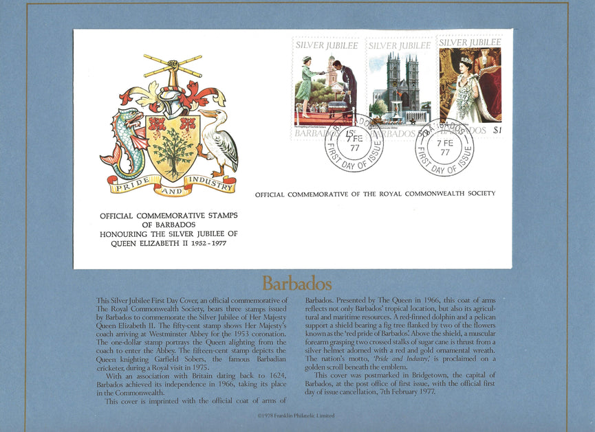 BARBADOS 1977 SILVER JUBILEE ROYAL COMMONWEALTH SOCIETY FDC