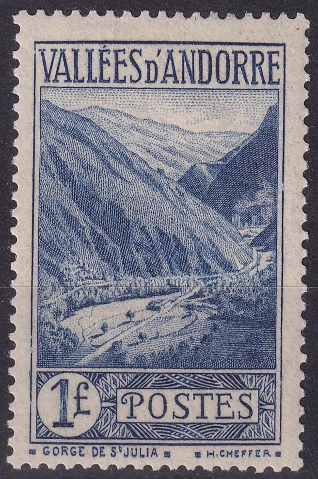 FRENCH ANDORRA SG F54 1939 1f Royal-Blue MM