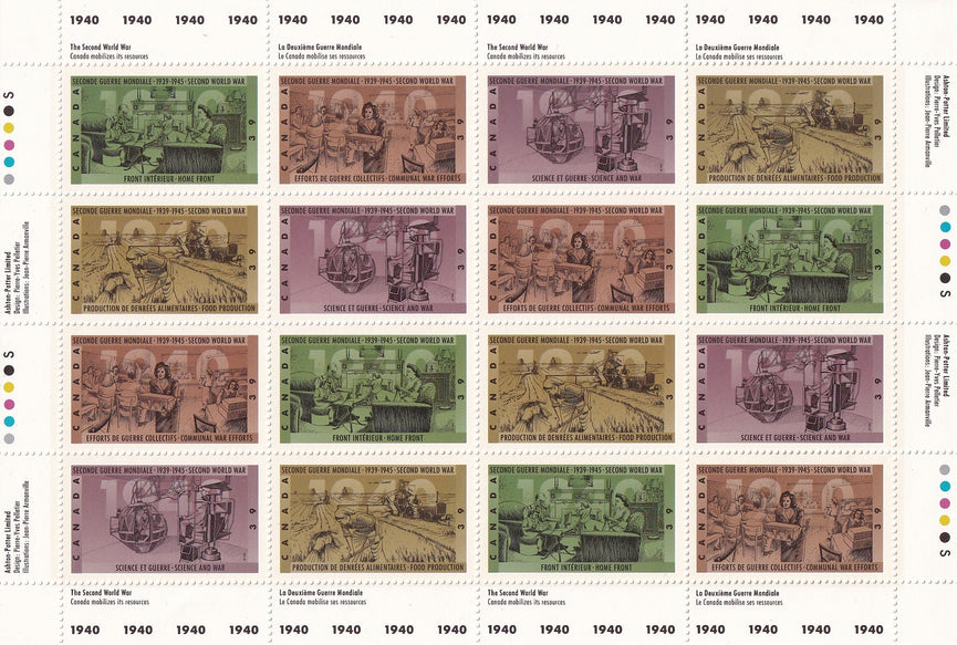 CANADA 1990 Full Pane of 16 39c Second World War SG 1409 - 1412 #1301a MNH