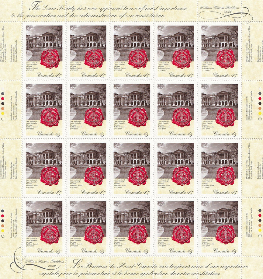 CANADA 1997 Full Pane of 20 Law Society Of Upper Canada 45c SG 1726 #1640 MNH