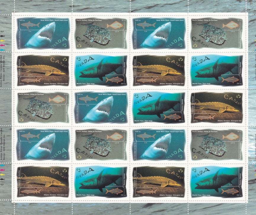 CANADA 1997 Full Pane of 16 45c Ocean Water Fish SG 1727 - 1730 #1644a MNH