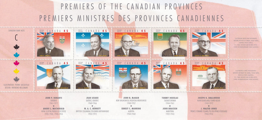 CANADA 1998 Full Pane of 10 45c Provincial Premiers SG 1769-1778 #1709a-j MNH