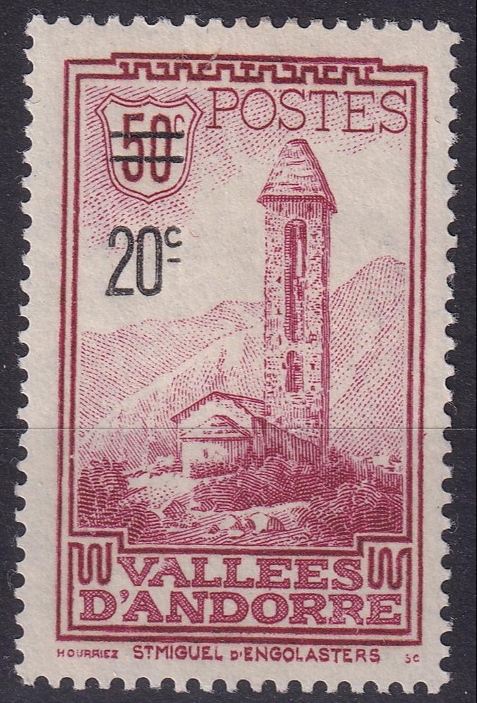 FRENCH ANDORRA SG F82 1935 20c on 50c Claret MM