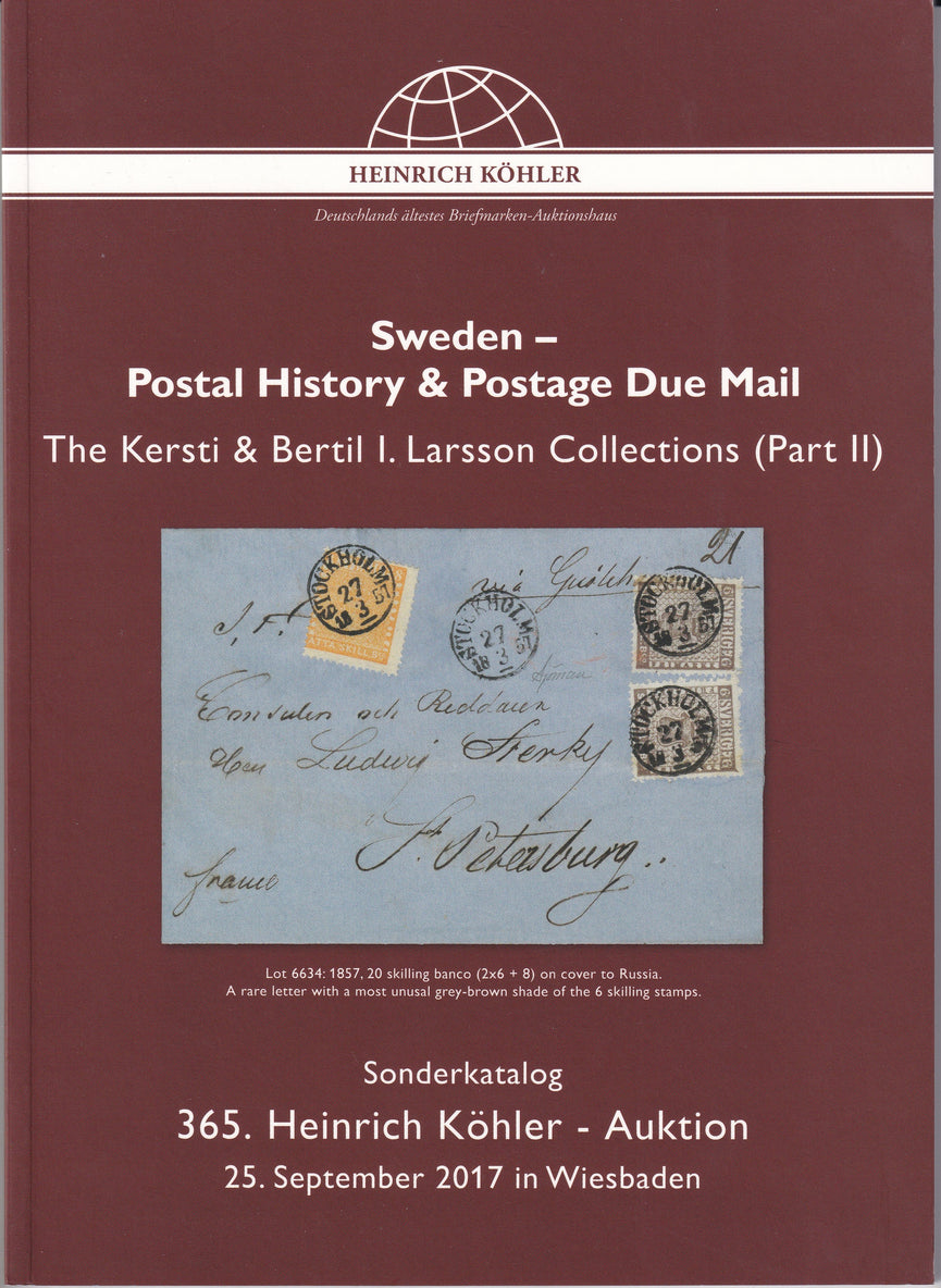 HEINRICH KOHLER 365 25 SEP 2017 SWEDISH POSTAL HISTORY & POSTAGE DUE MAIL