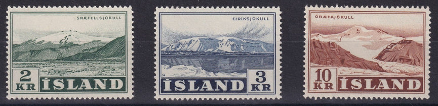 ICELAND 1957 SG 346 - 348 2K DULL GREEN, 3K DEEP BLUE & 10K BROWN MNH CAT £16
