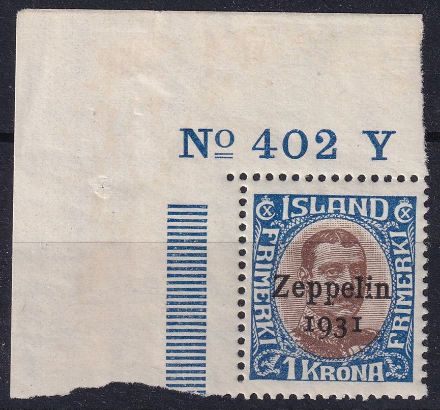 ICELAND 1931 SG 191 1 KRONA CHOCOLATE & BLUE ZEPPELIN CONTROL NUMBER MNH CAT £55