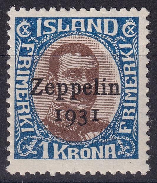 ICELAND 1931 SG 191 1 KRONA CHOCOLATE & BLUE ZEPPELIN MM CAT £55